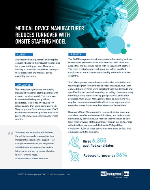 Medical Device Manufacturer Reduces Turnover with Onsite Staffing Model [Case Study]